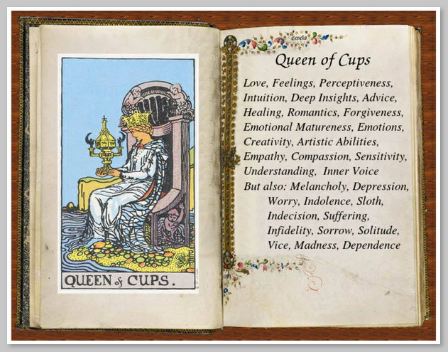 Queen of Cups là một lá bài Tarot mang đậm chất trữ tình, đại diện cho thế giới cảm xúc sâu thẳm bên trong mỗi người