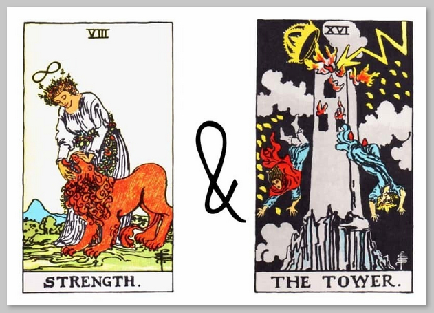 Sự kết hợp giữa lá bài Strength và The Tower trong Tarot báo hiệu một giai đoạn chuyển đổi sâu sắc