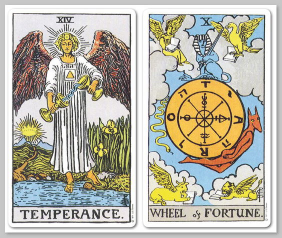 Sự kết hợp giữa lá Temperance và Wheel of Fortune trong một trải bài Tarot thường báo hiệu một giai đoạn chuyển đổi tích cực