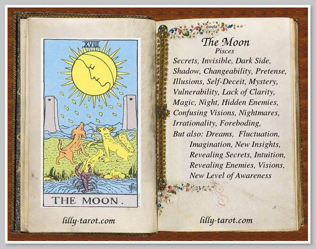 Lá bài The Moon trong bộ bài Tarot tượng trưng cho những khía cạnh tâm linh sâu thẳm và những nỗi sợ hãi tiềm ẩn.